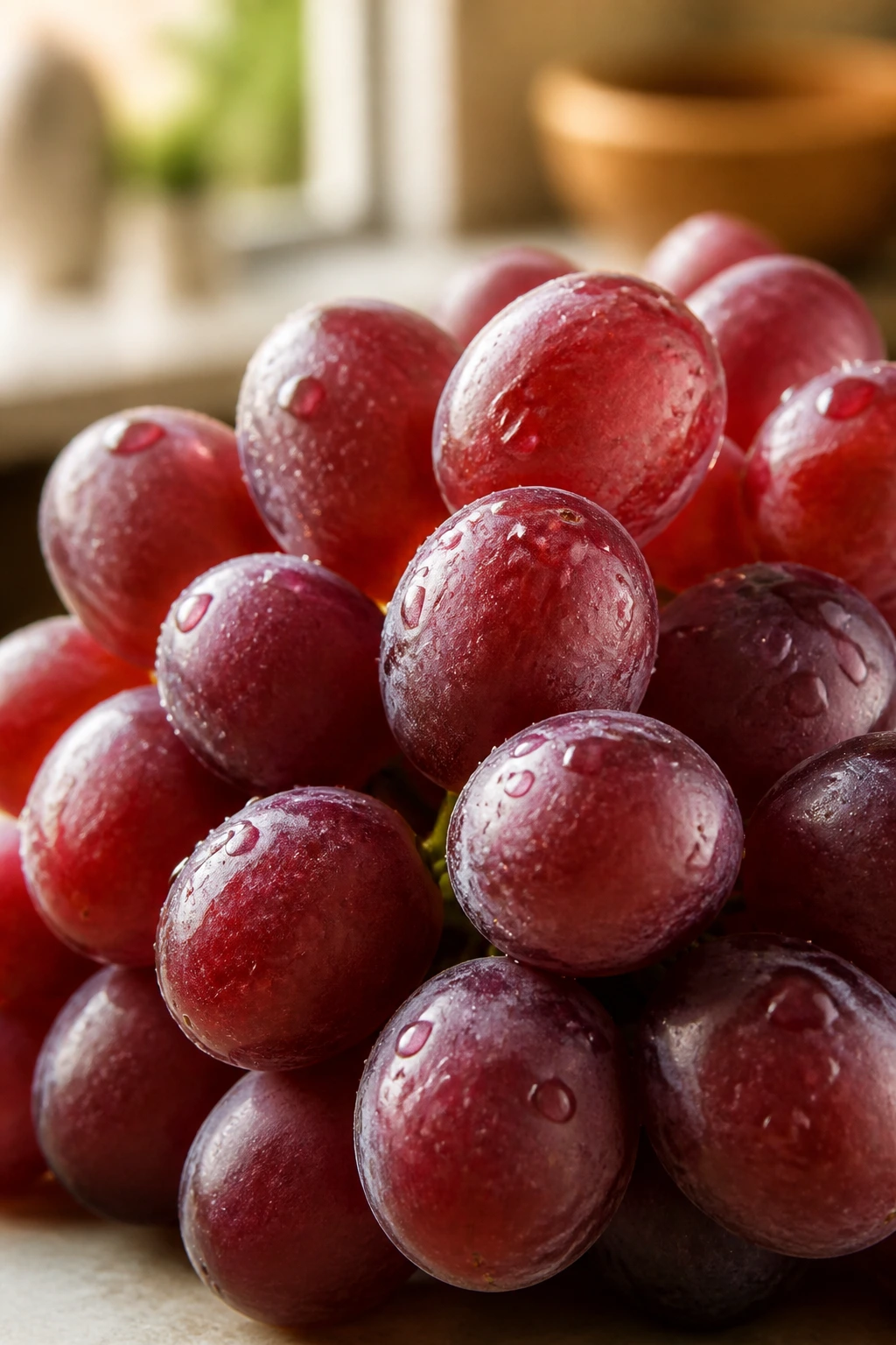 Close-up of a handful of grapes in a kitchen setting.
