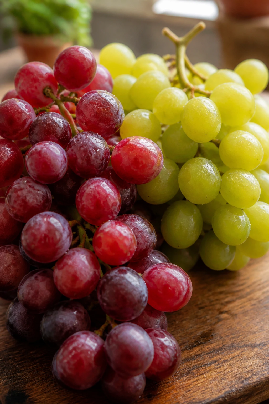 Close-up of fresh grapes on a wooden kitchen counter.