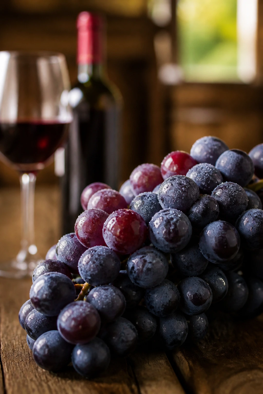 Grape cluster with wine glass in soft focus background