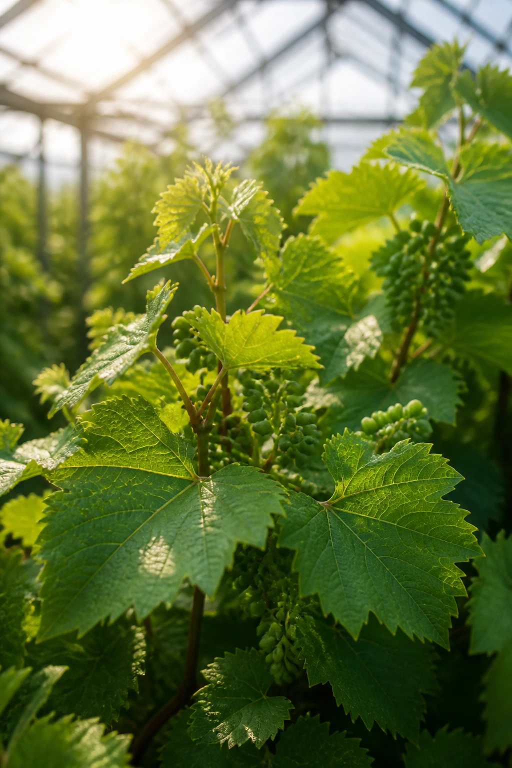 Can You Grow Grapes In A Greenhouse? Yes, And Here's How 12 Close-up of healthy grapevines with new growth inside a greenhouse