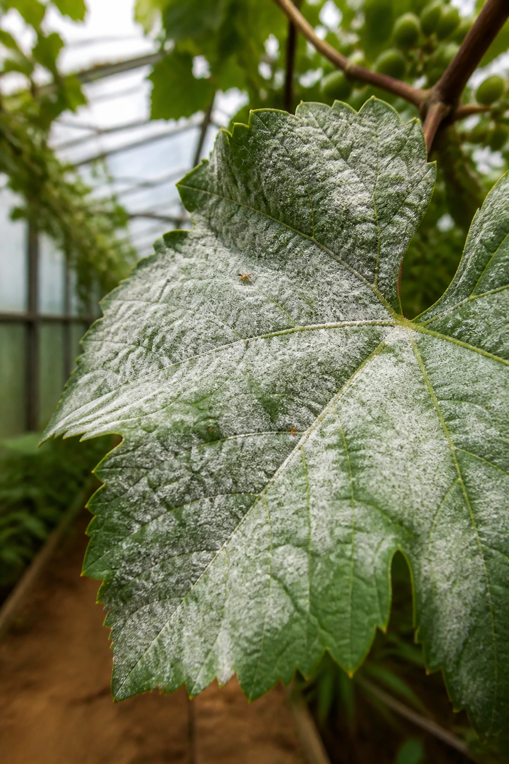 Can You Grow Grapes In A Greenhouse? Yes, And Here's How 10 Close-up of grapevine leaf with powdery mildew and pests in a greenhouse