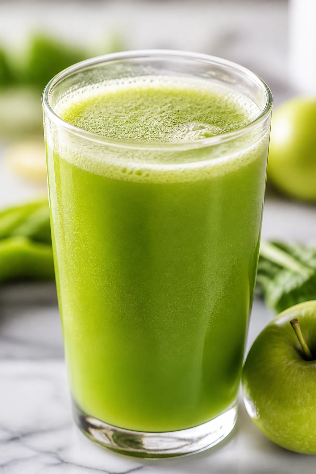 Close-up of green apple juice glass on a marble counter