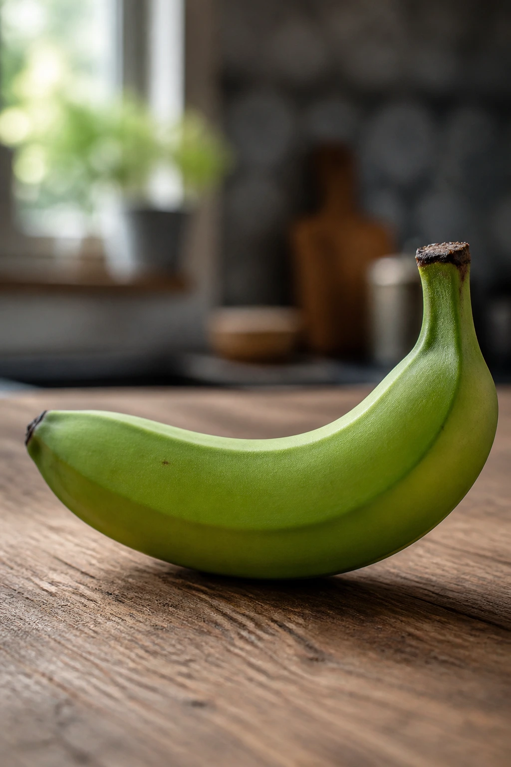 Close-up of a green banana on a wooden kitchen counter