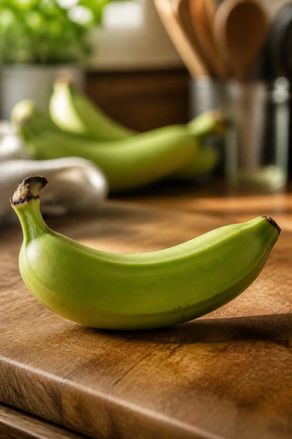 Green banana on cutting board in kitchen
