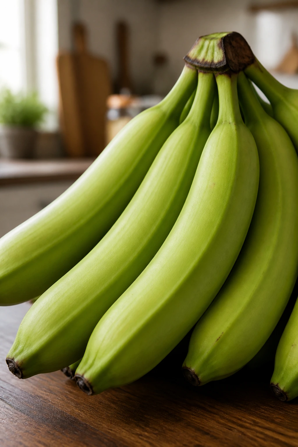 Close-up of green bananas filling the frame in a warm kitchen