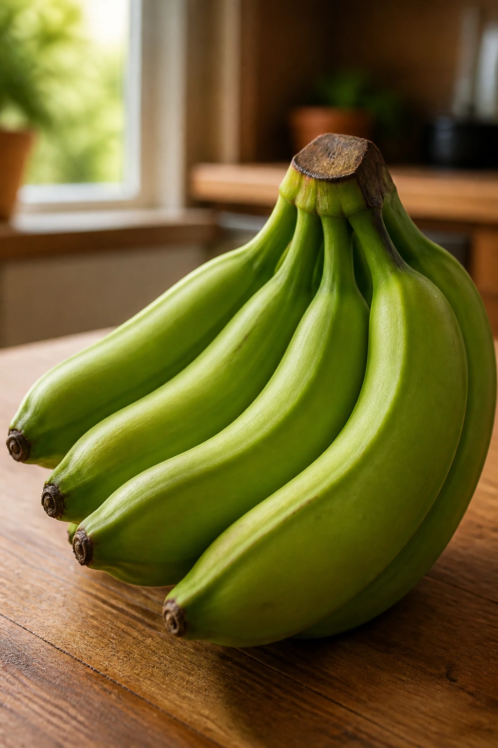 Why Are My Bananas Still Green After 2 Weeks Or More? 7 Close-up of green bananas on a warm kitchen counter with soft natural light