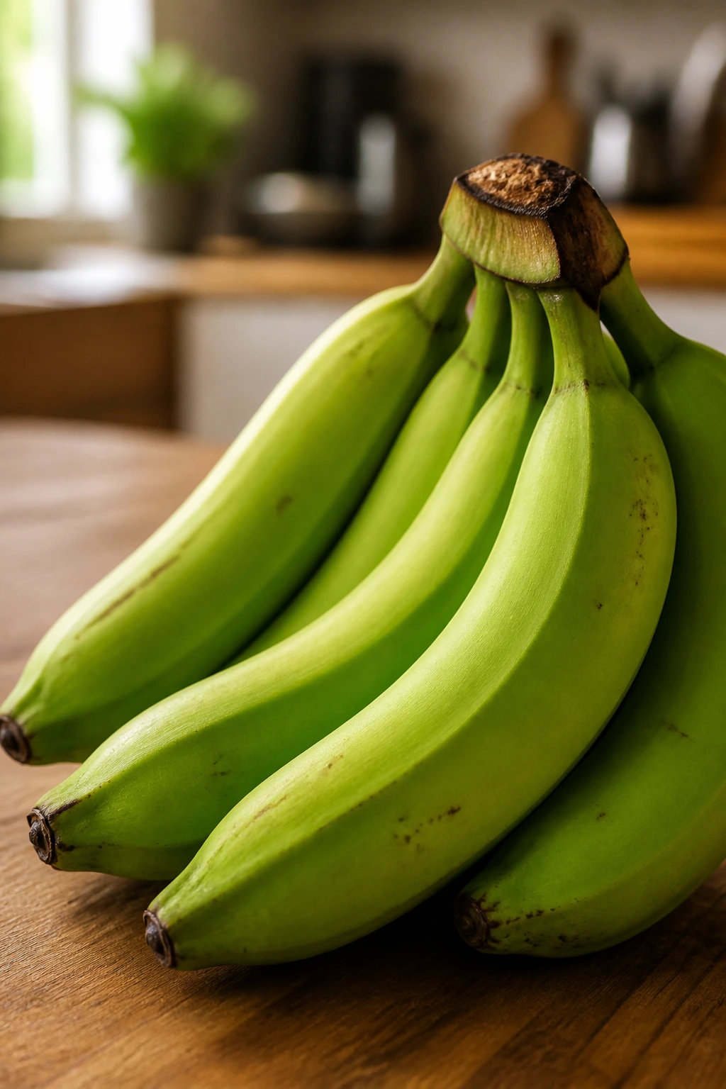 Close-up of unripe green bananas on wooden counter
