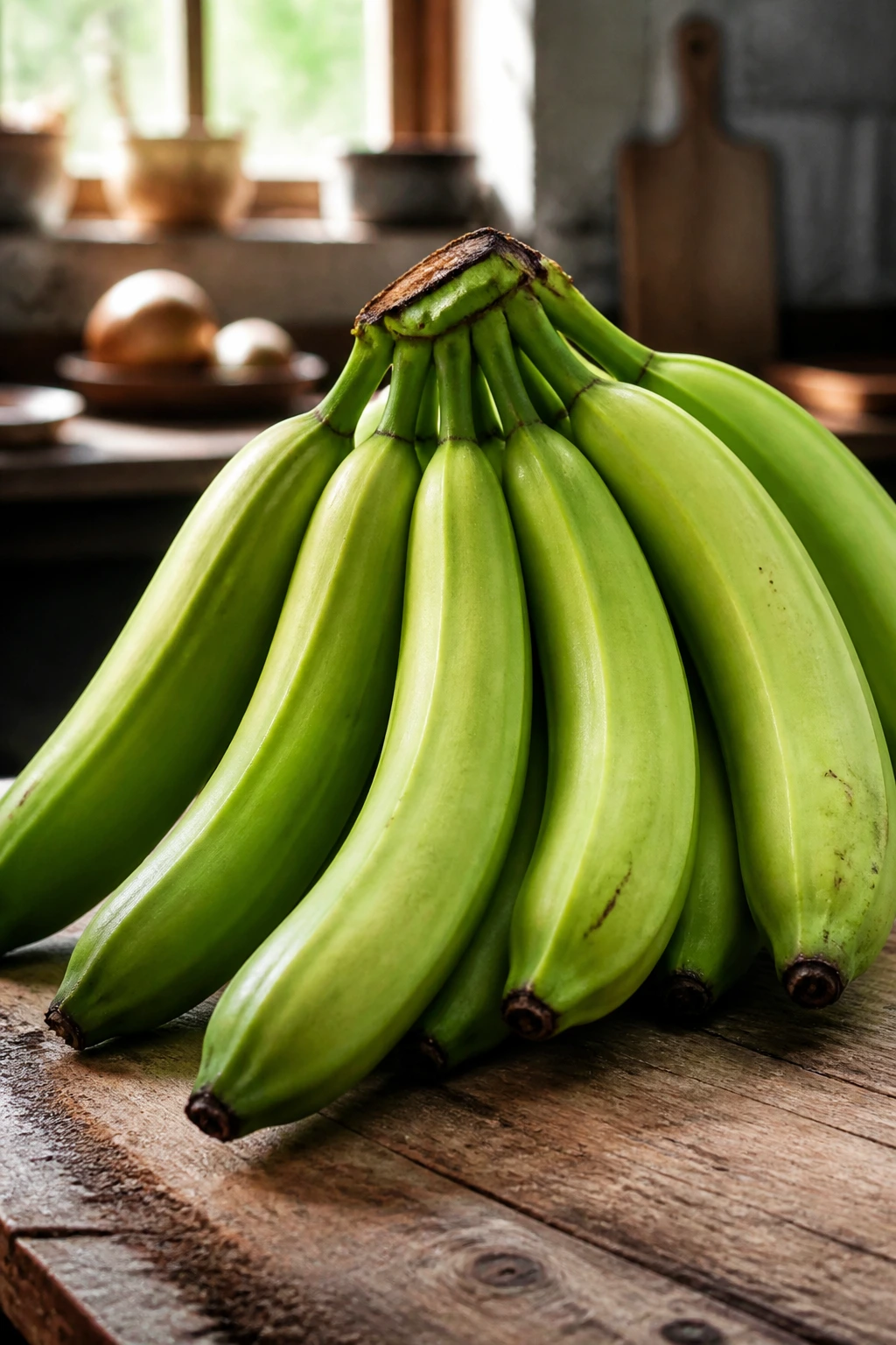 Why Are My Bananas Still Green After 2 Weeks Or More? 1 Close-up of green bananas on a rustic wooden kitchen counter