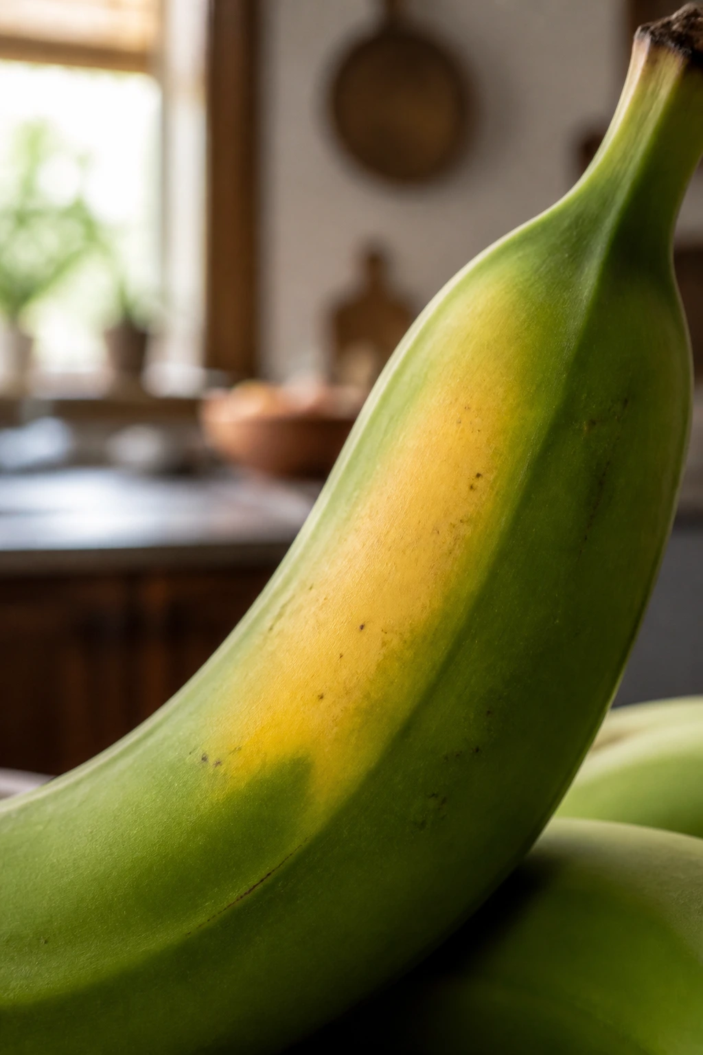 Why Are My Bananas Still Green After 2 Weeks Or More? 8 Banana with yellow ripening patches in a kitchen