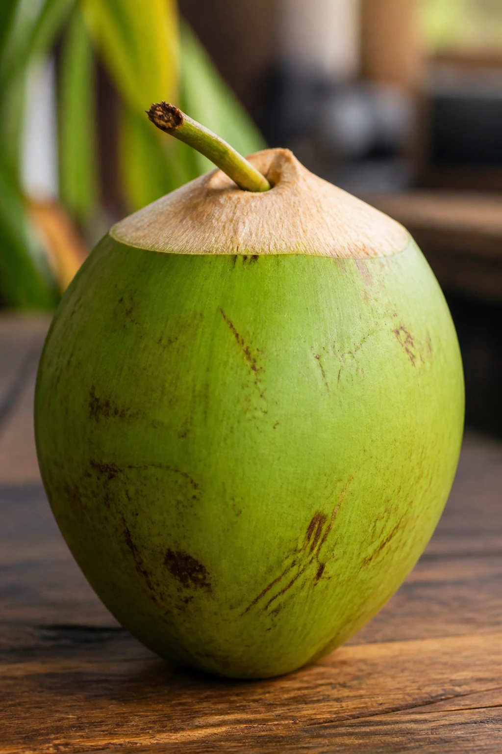 Close-up of a fresh green coconut on a wooden kitchen counter