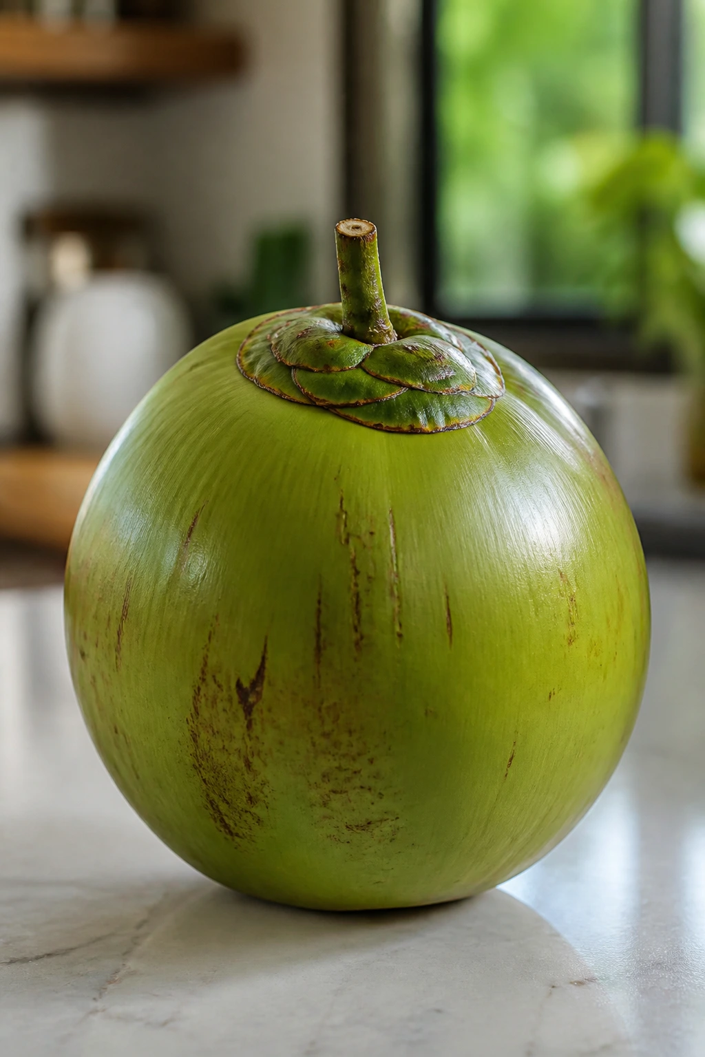 Close-up of green coconut on kitchen counter