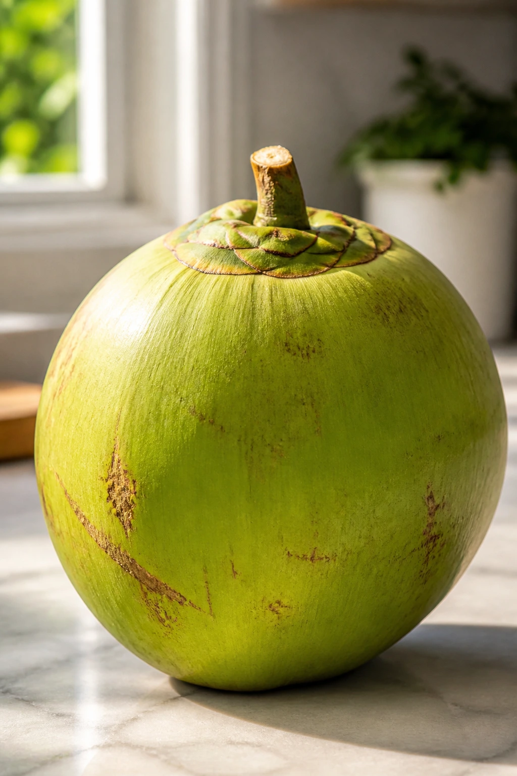 Green coconut on a kitchen counter