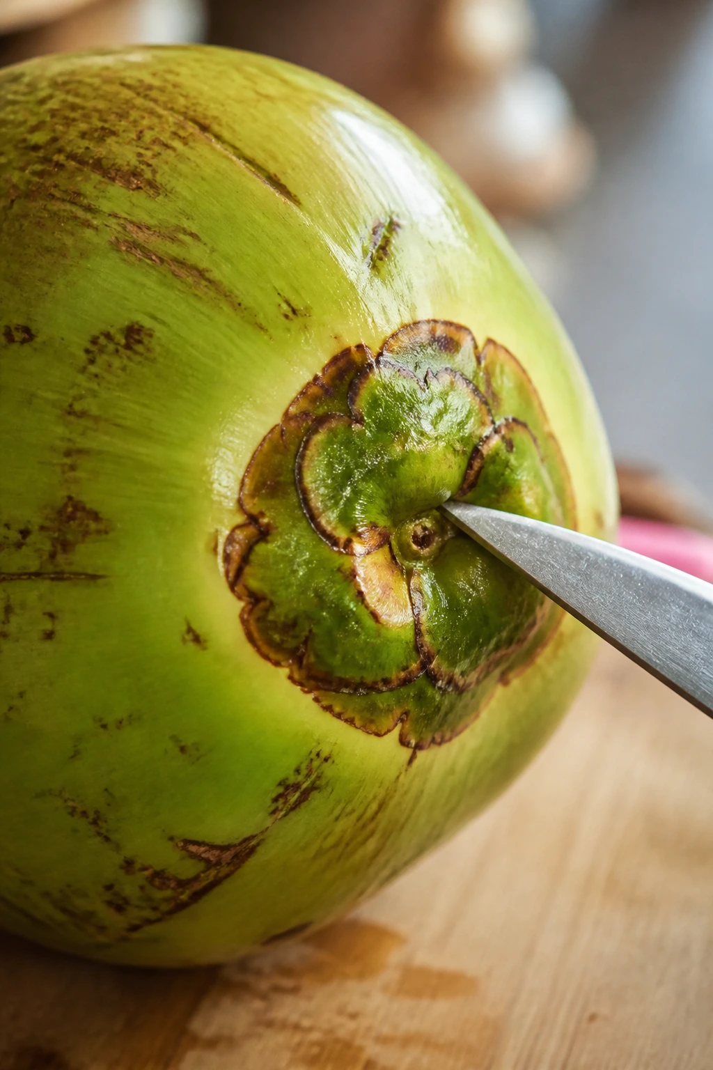 Green coconut with knife at its eye on a cutting board