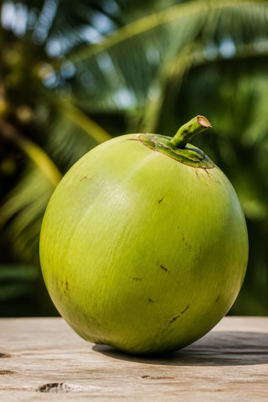 Close-up of green coconut on wooden surface with soft background