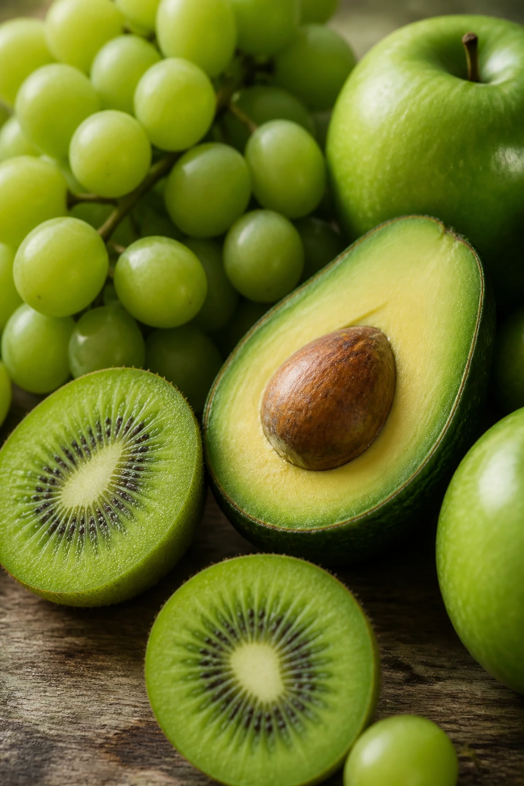 Close-up of peeled kiwi halves, green grapes, and avocado on wood