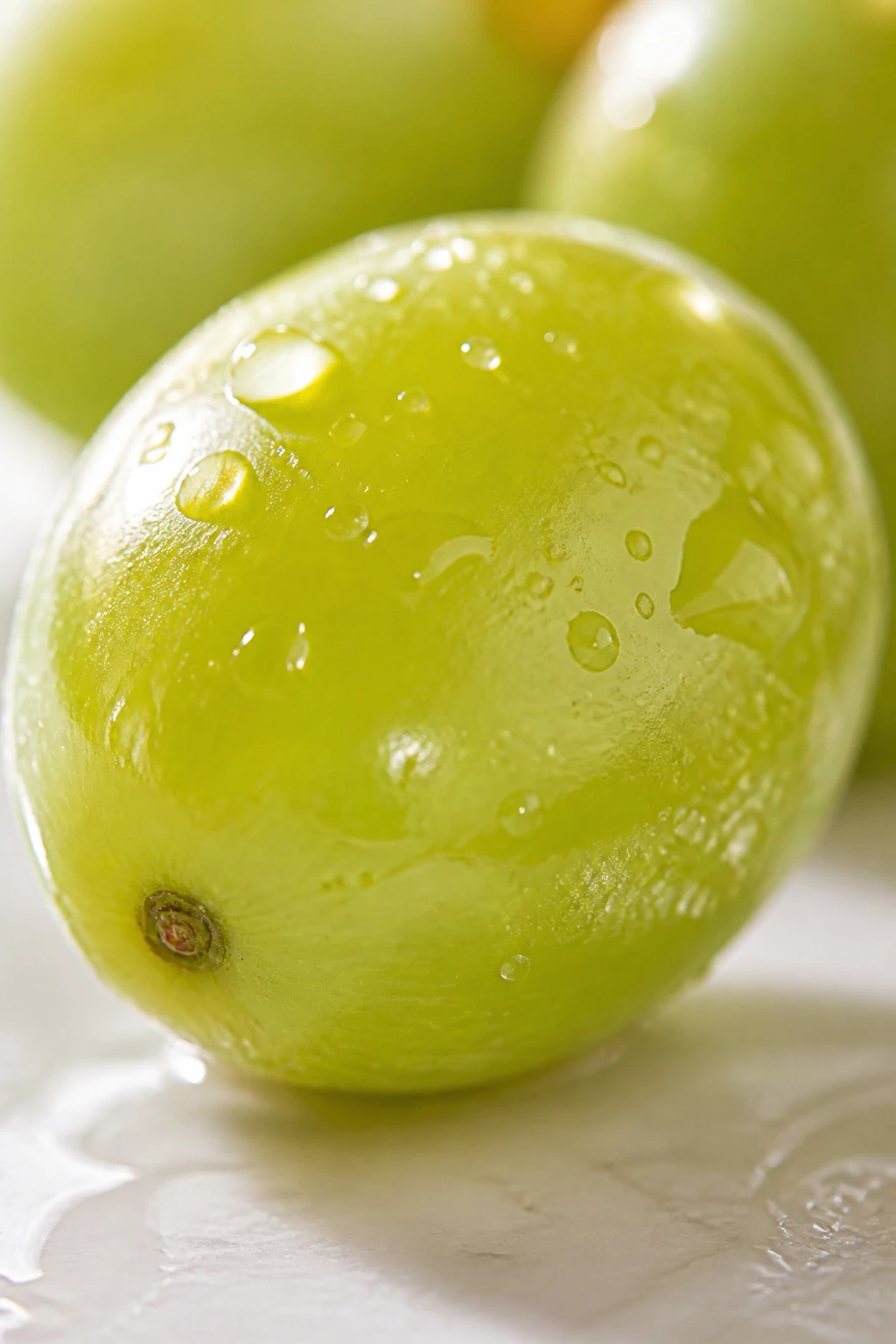 10 Incredible Benefits of Eating Green Grapes for Skin 14 Macro close-up of a single green grape with dew drops in bright light