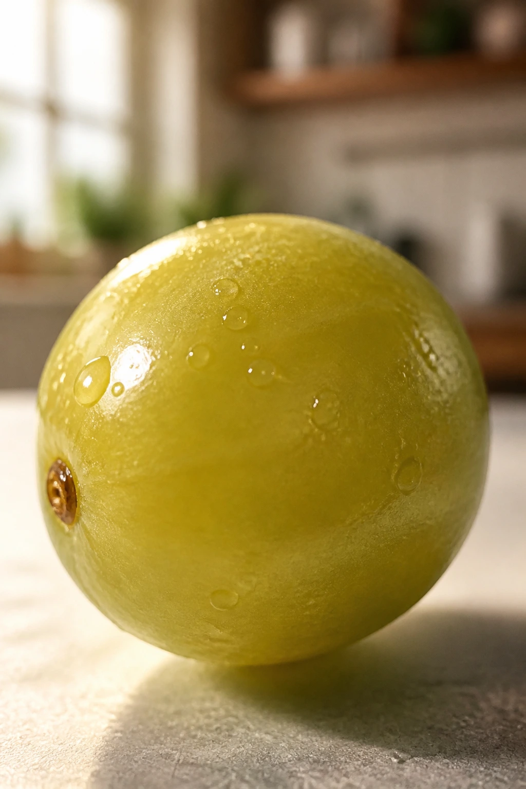 10 Incredible Benefits of Eating Green Grapes for Skin 15 Close-up of a green grape with a warm glow in a home kitchen