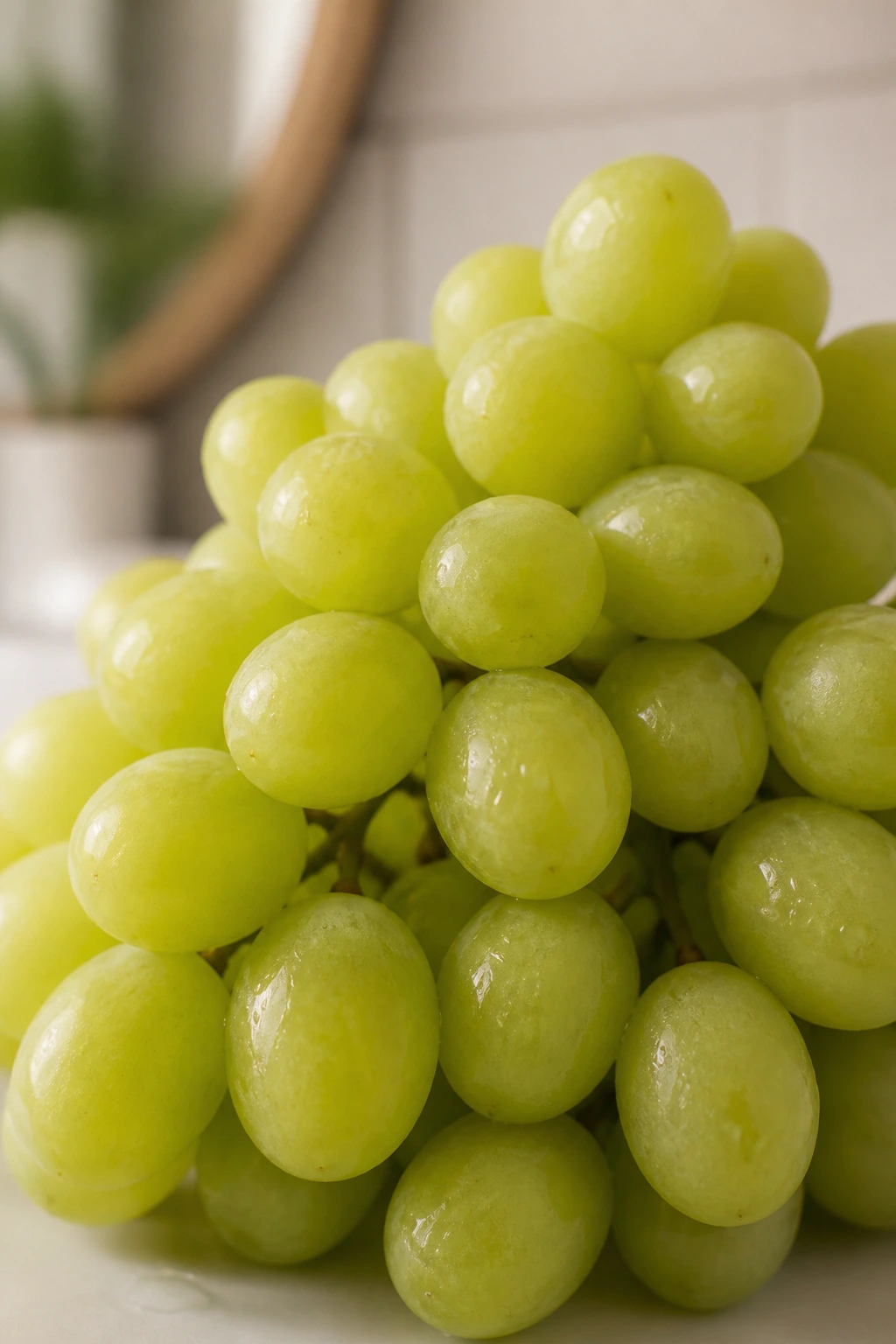 10 Incredible Benefits of Eating Green Grapes for Skin 11 Close-up of green grapes filling frame in a bathroom setting, suggesting anti-inflammatory benefits for skin