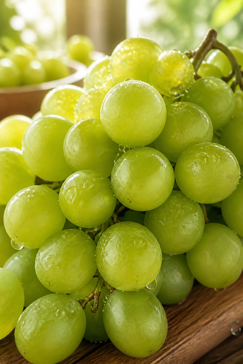 10 Incredible Benefits of Eating Green Grapes for Skin 7 Close-up of green grapes filling frame with dew in a sunlit kitchen, antioxidants for healthy skin