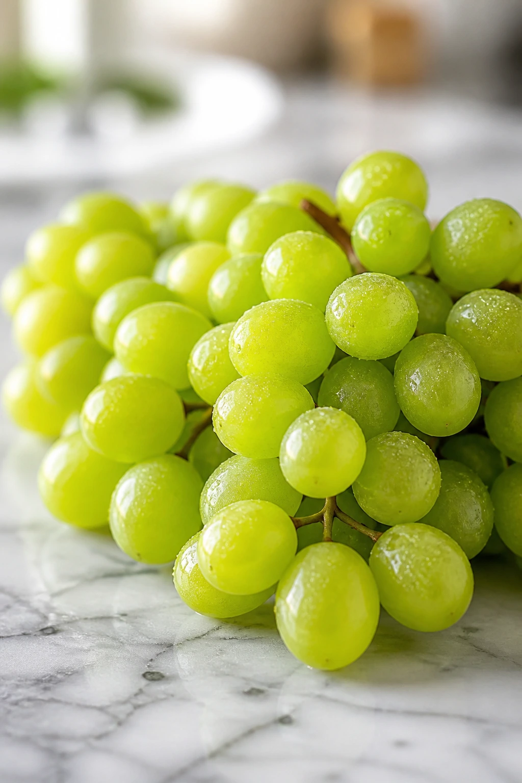 10 Incredible Benefits of Eating Green Grapes for Skin 8 Close-up of green grapes filling frame on marble counter, highlighting collagen-boosting nutrients