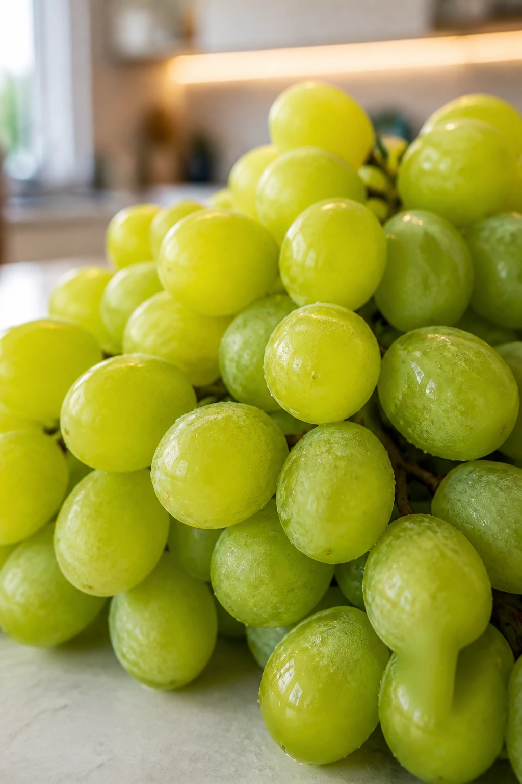 10 Incredible Benefits of Eating Green Grapes for Skin 12 Close-up of green grapes filling frame on kitchen island, helping even out skin tone