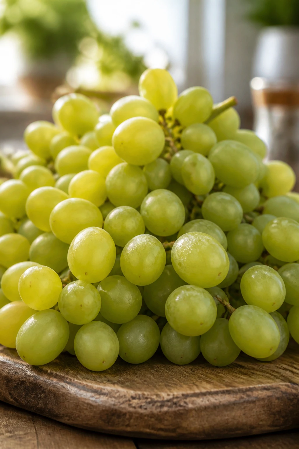 10 Incredible Benefits of Eating Green Grapes for Skin 13 Close-up of vibrant green grapes on a wooden cutting board in bright kitchen light