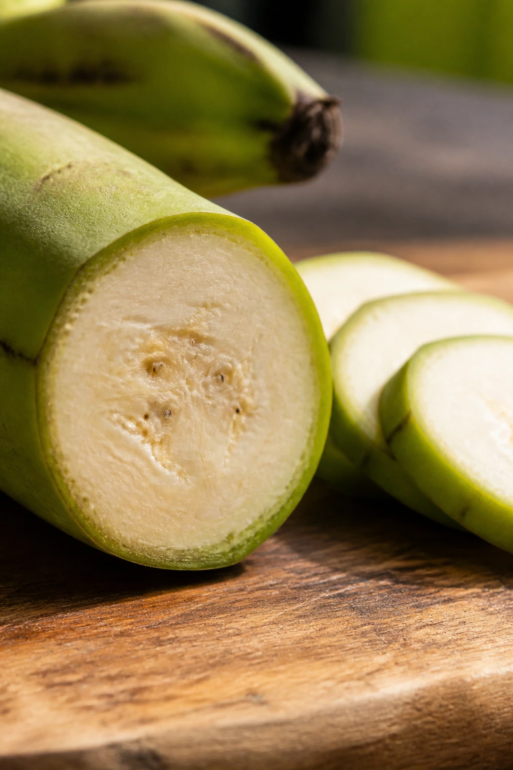 Cross-section of sliced green plantain showing starchy interior
