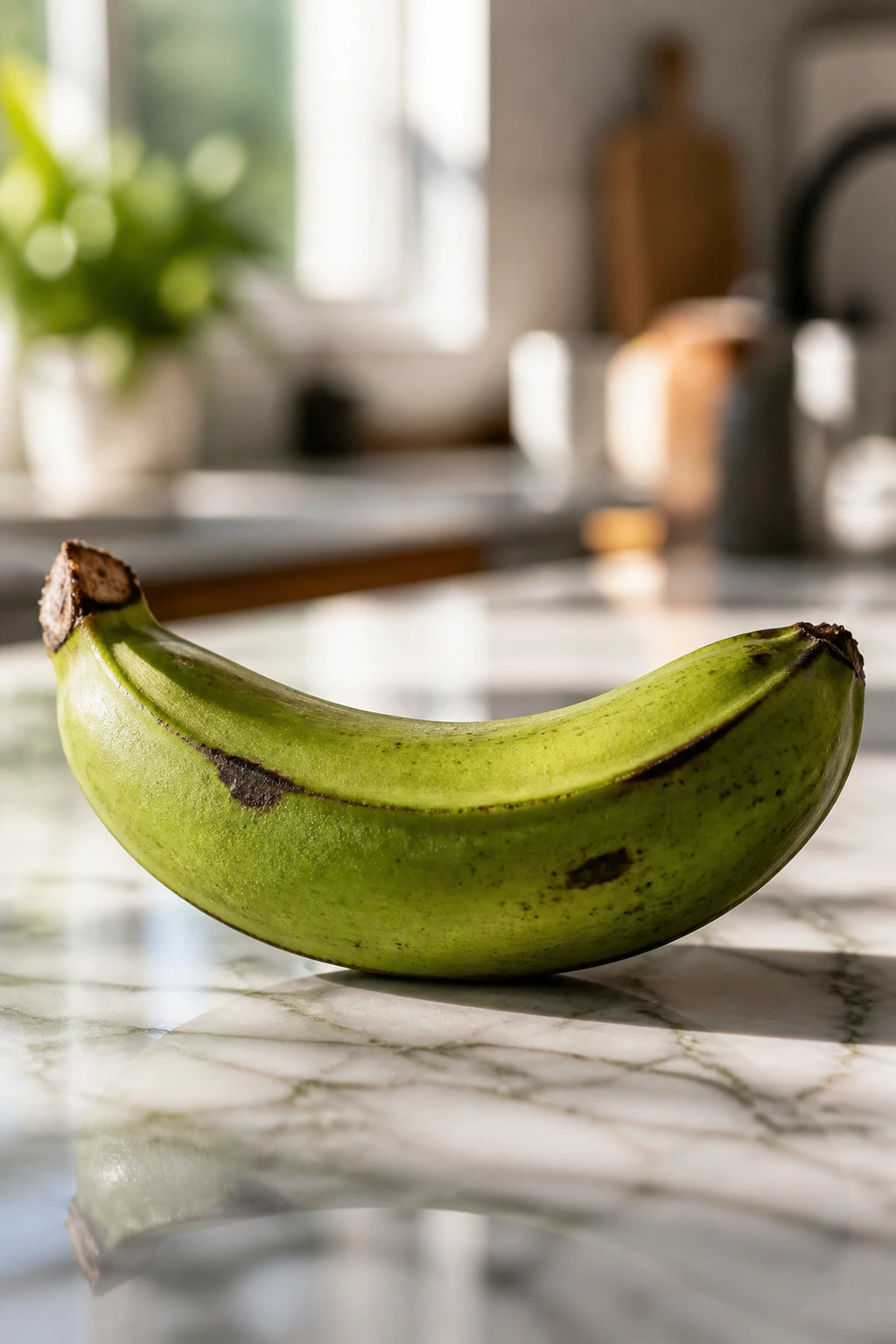 Close-up of a single green plantain in a bright kitchen setting