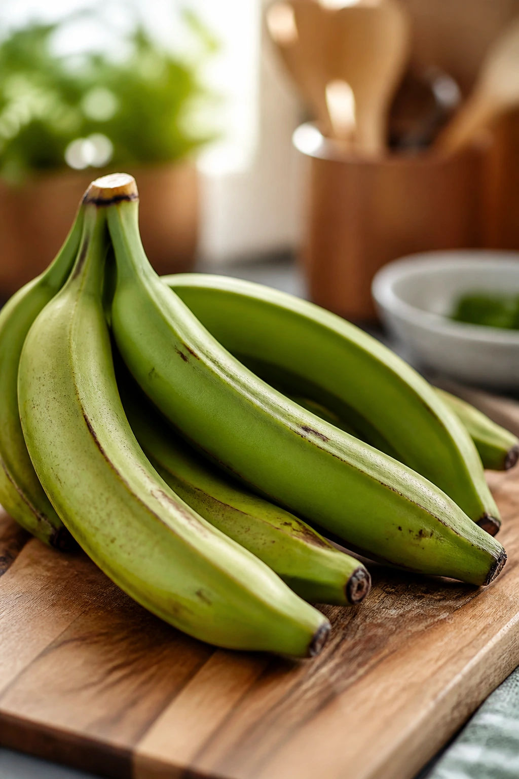 Group of green plantains ready for cooking on wooden board