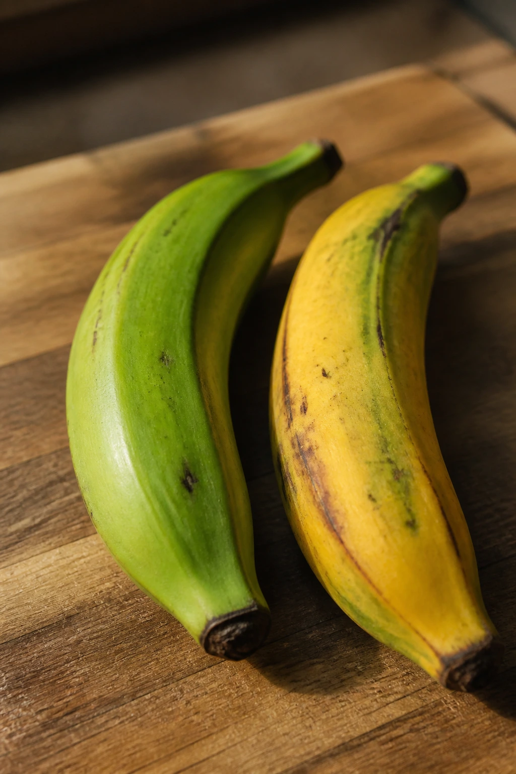 Two plantains at different ripeness showing how ripening changes sweetness and GI