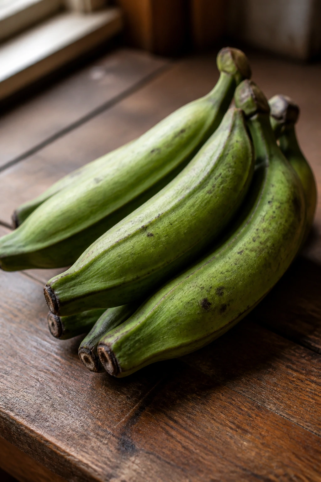 Green Plantains Vs Yellow Plantains: What's the Difference? 1 Close-up of green plantains with thick green skin on wooden counter