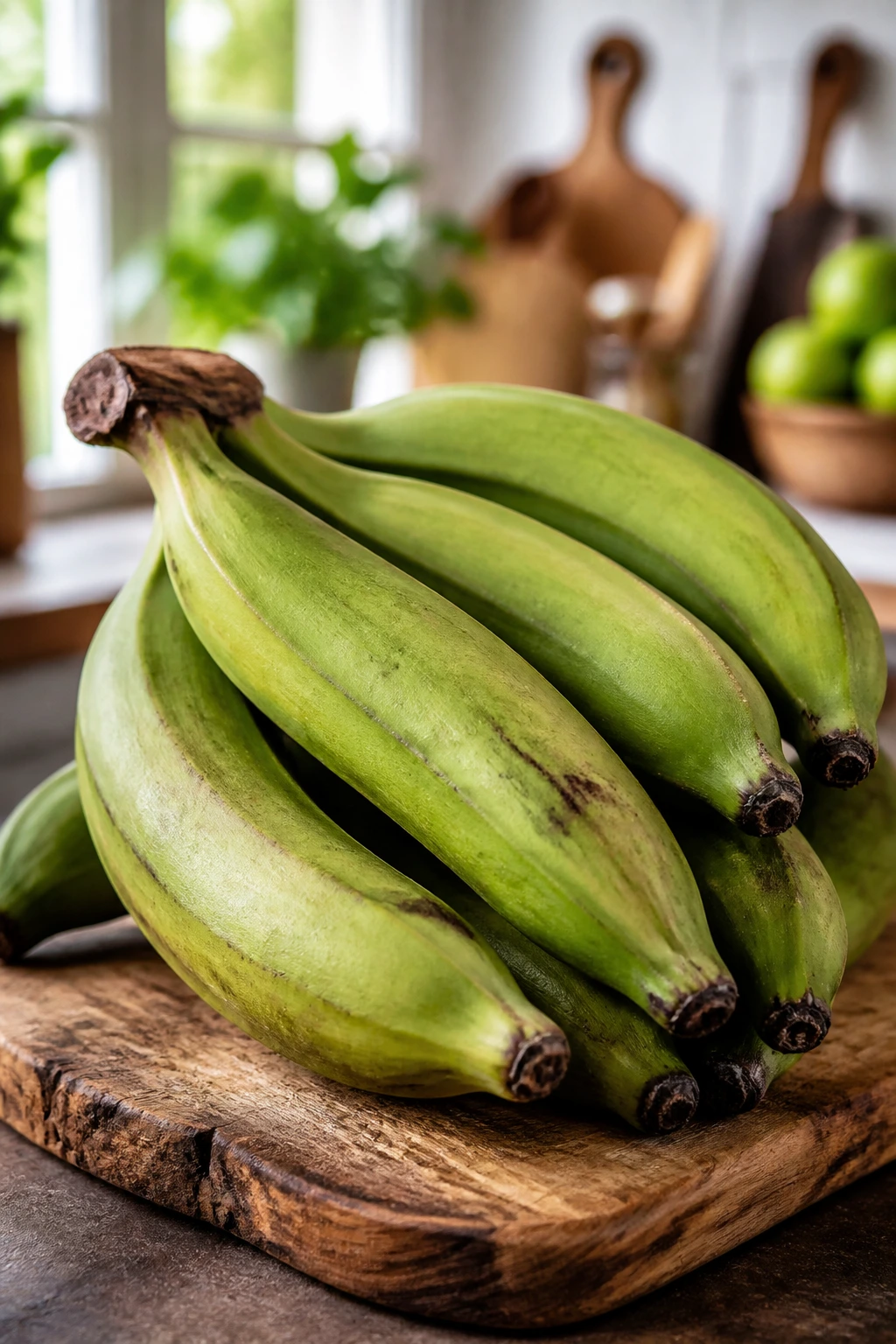 Close-up of fresh green plantains on a wooden cutting board