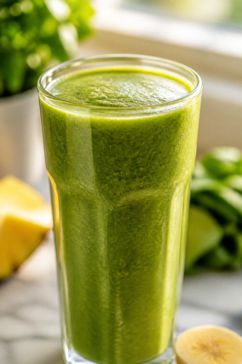Green smoothie in a glass on a bright kitchen counter.