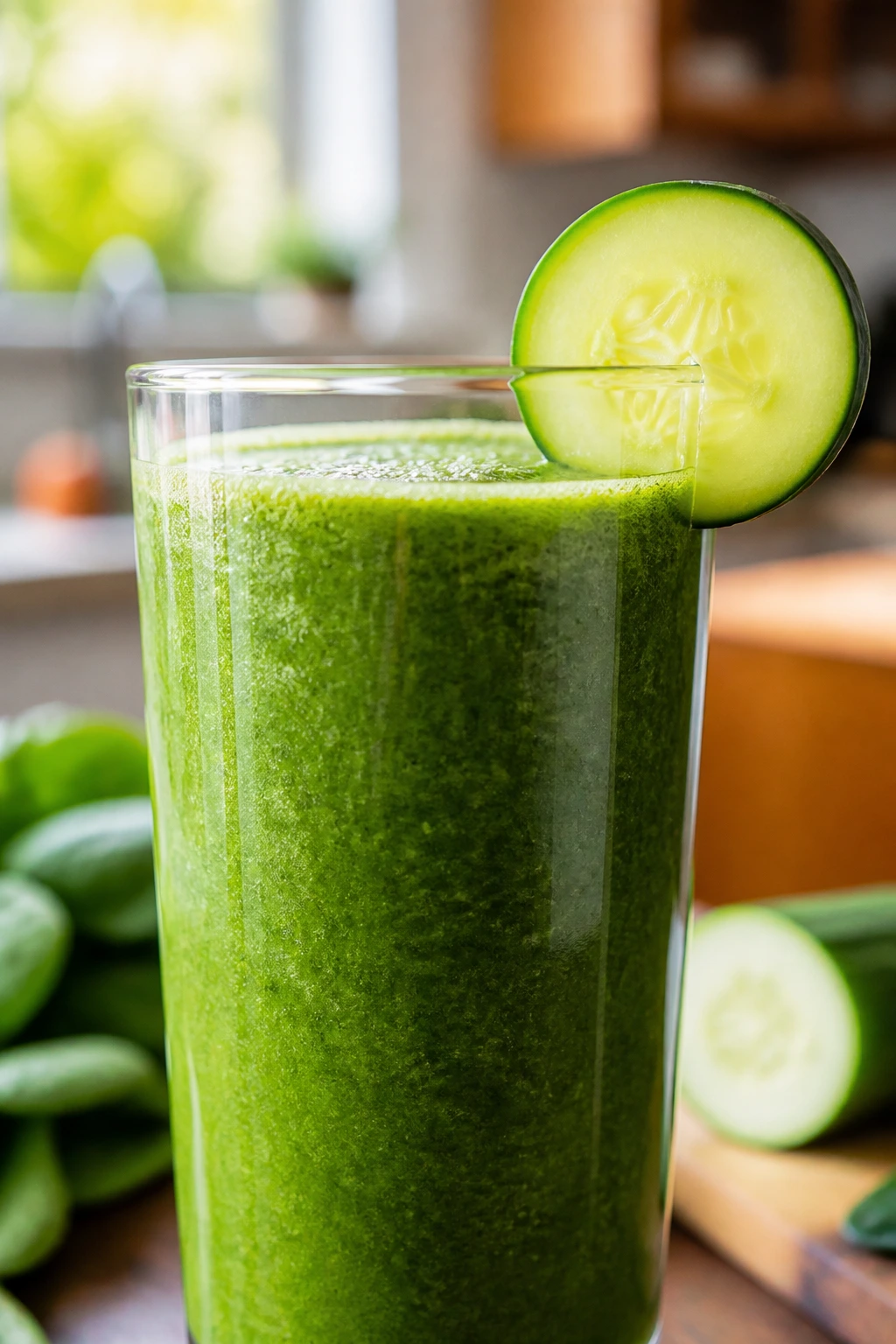 Vital Nutrients: Why Are Fruits And Vegetables Important? 16 Close-up of a green smoothie in a tall glass on a kitchen counter