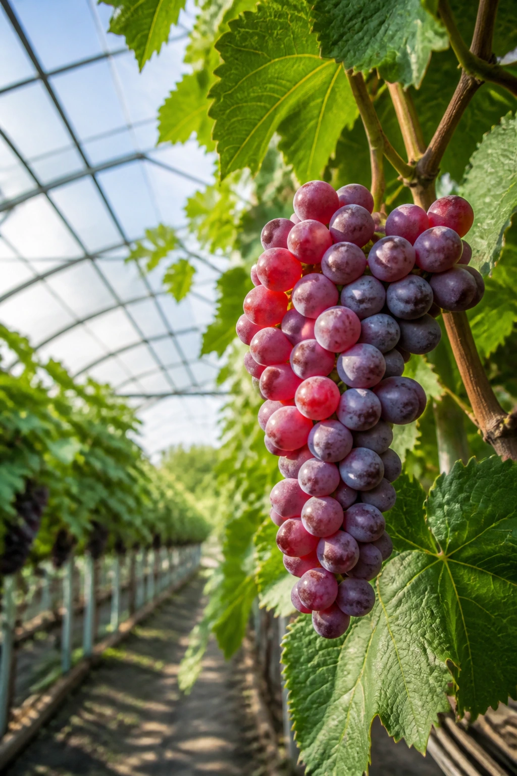 Can You Grow Grapes In A Greenhouse? Yes, And Here's How 13 Close-up of lush greenhouse grapes on a vine inside a well-lit greenhouse