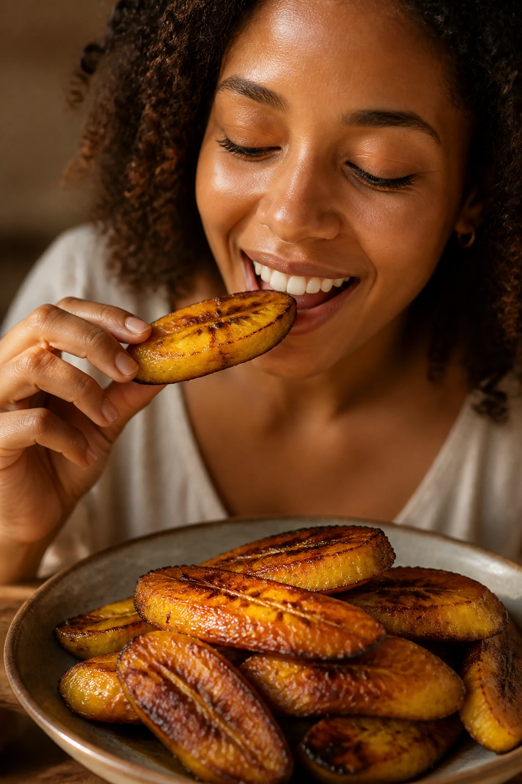 Plate of grilled plantains in a warm dining setting