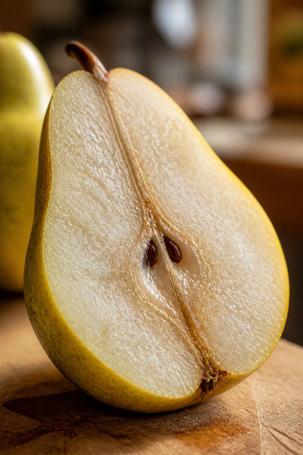 Texture Matters: Why Are Pears Gritty? 7 Close-up of pear half revealing gritty texture in the flesh, kitchen background