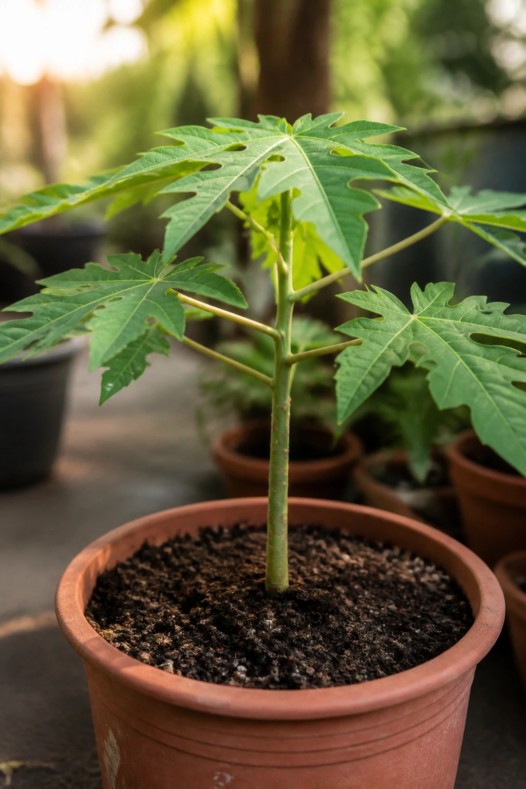 Close-up of a papaya seedling in a pot in a sunny garden.