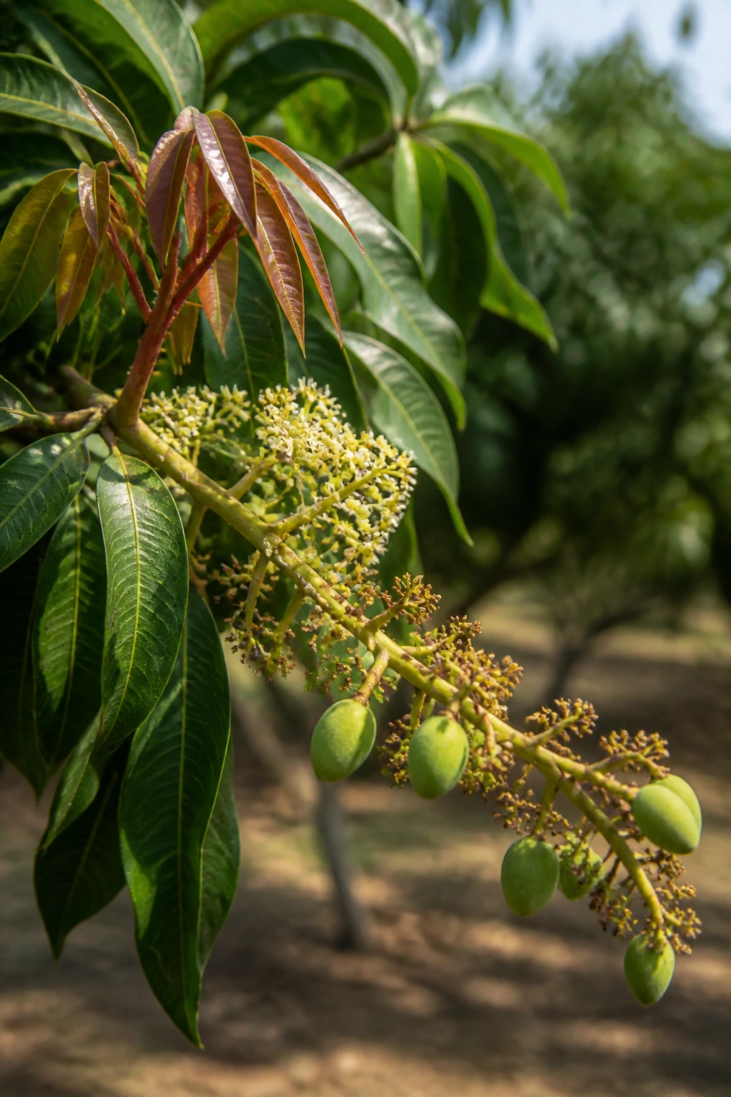 Mango tree branch displaying leaves, flowers, and fruit development in one frame.