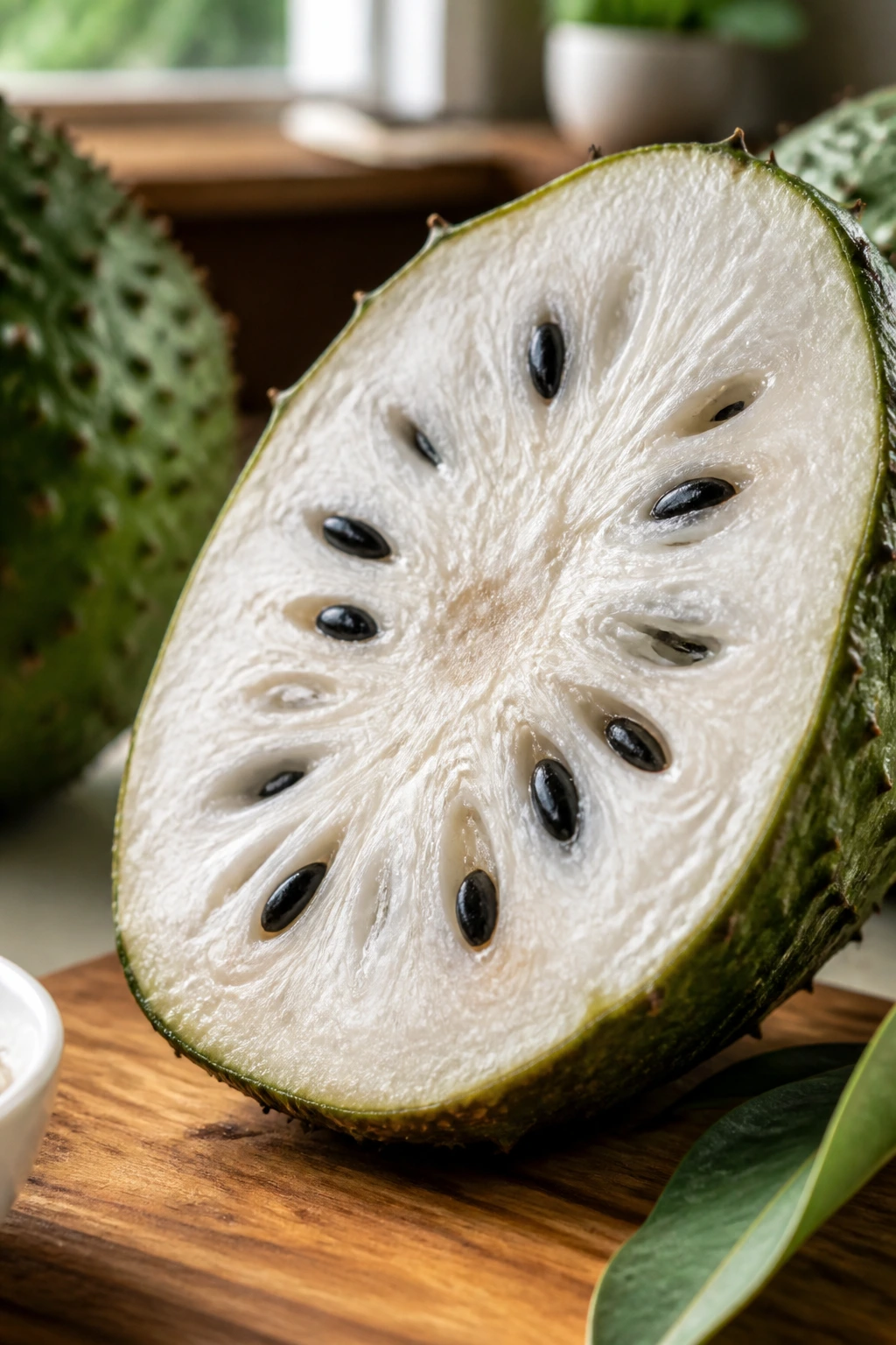 Guanábana cross-section showing creamy flesh and seeds