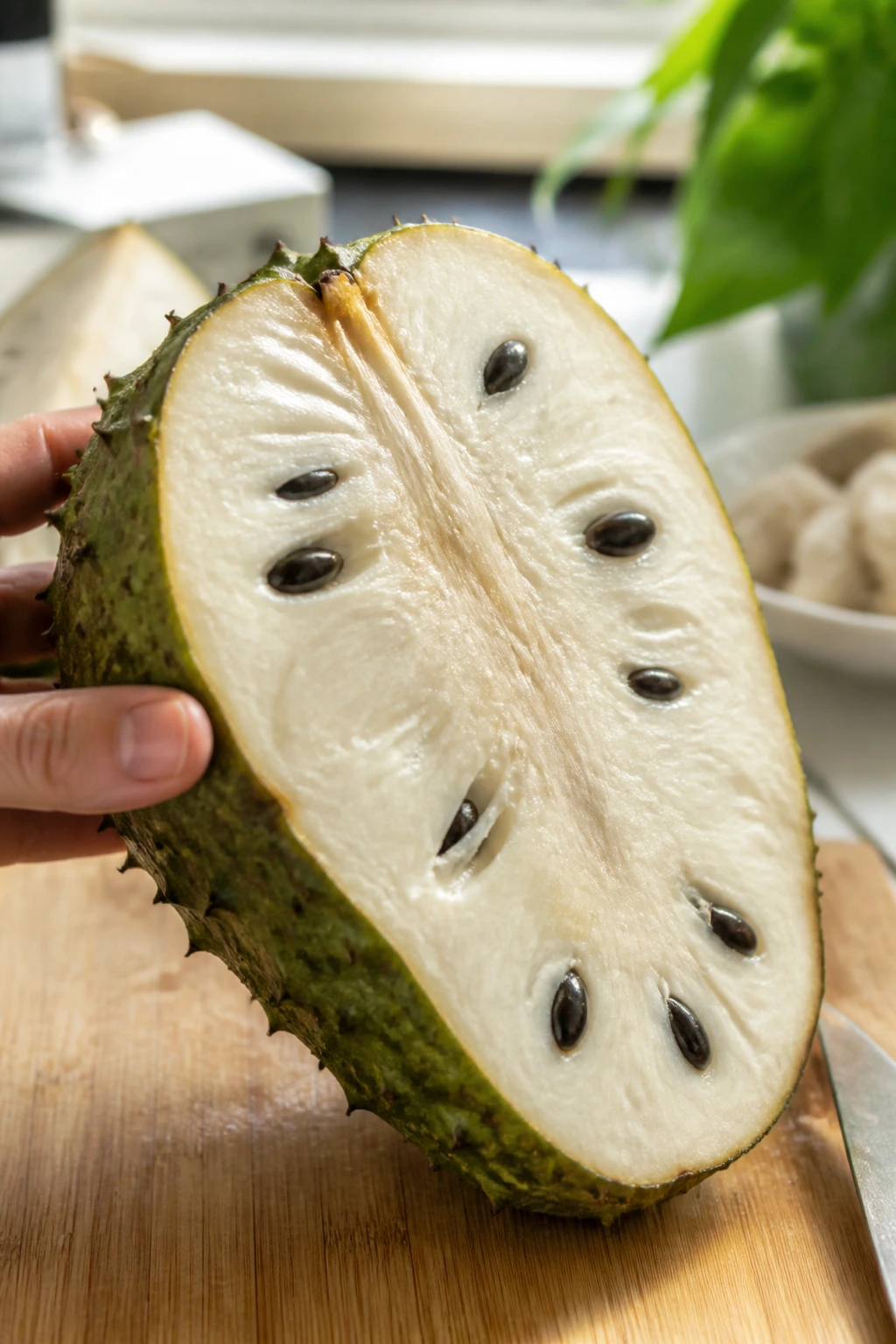 Cross-section of Guanábana showing white flesh and seeds.