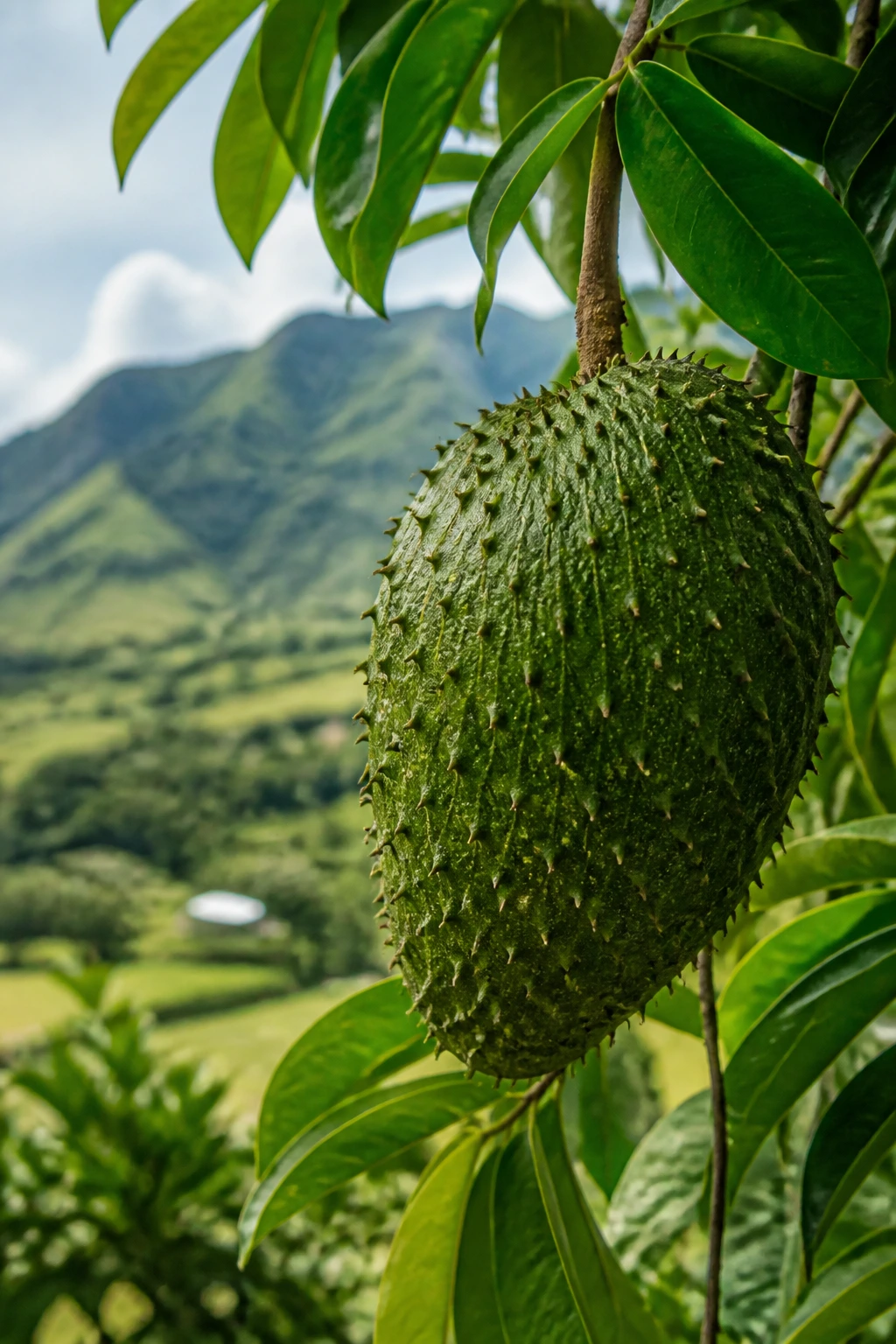Guanábana hanging on a branch in Ecuador landscape