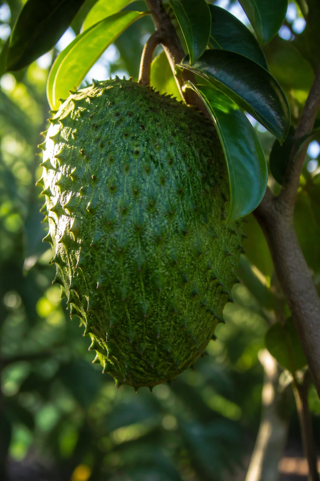 Guanábana fruit on tree in rainforest