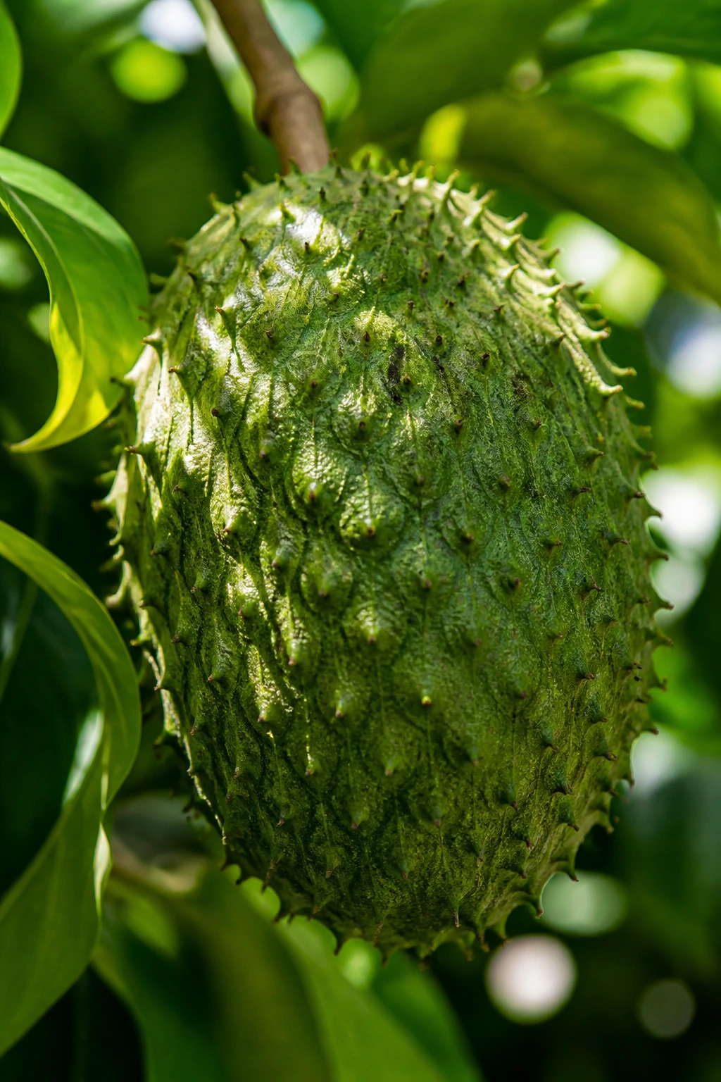 Close-up of a ripe Guanábana fruit with textured green skin in a tropical garden.