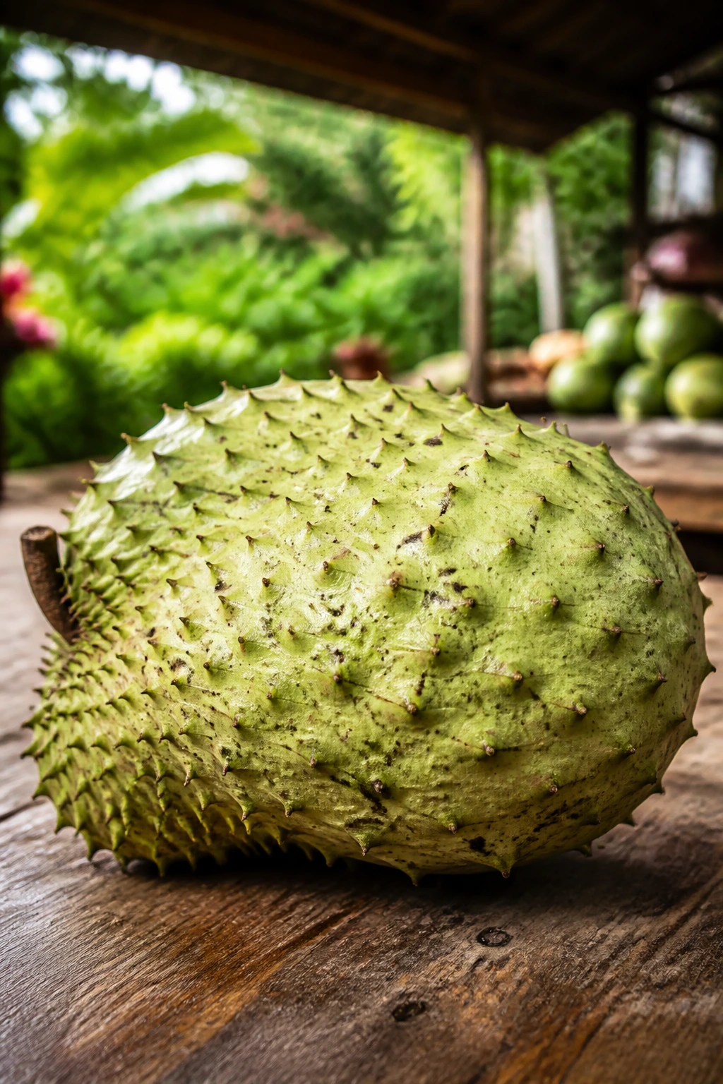 Close-up of a Guanábana fruit with spiky green skin