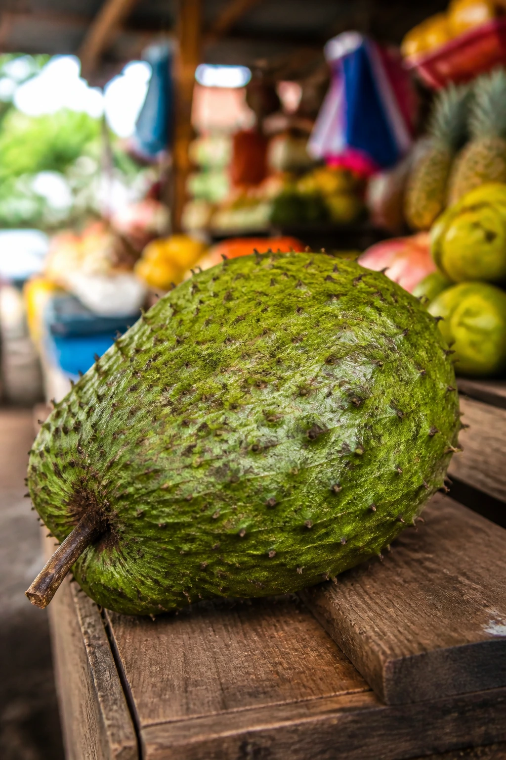 Guanábana fruit on display at an outdoor market.