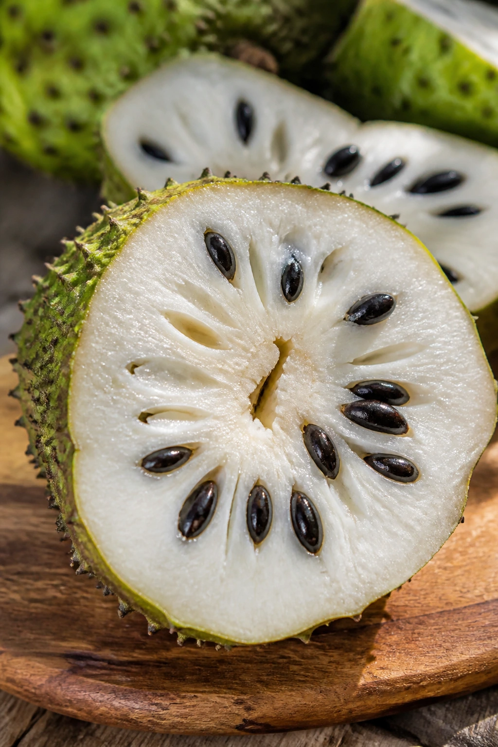 Cross-section of Guanábana showing white flesh and seeds