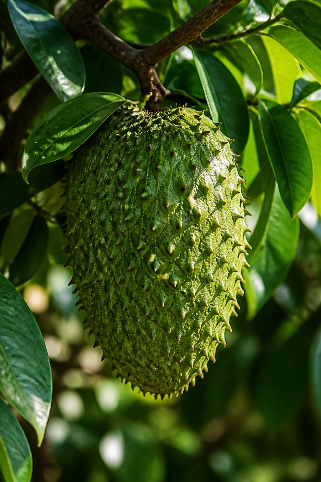 Guanábana fruit on tree branch in tropical plantation