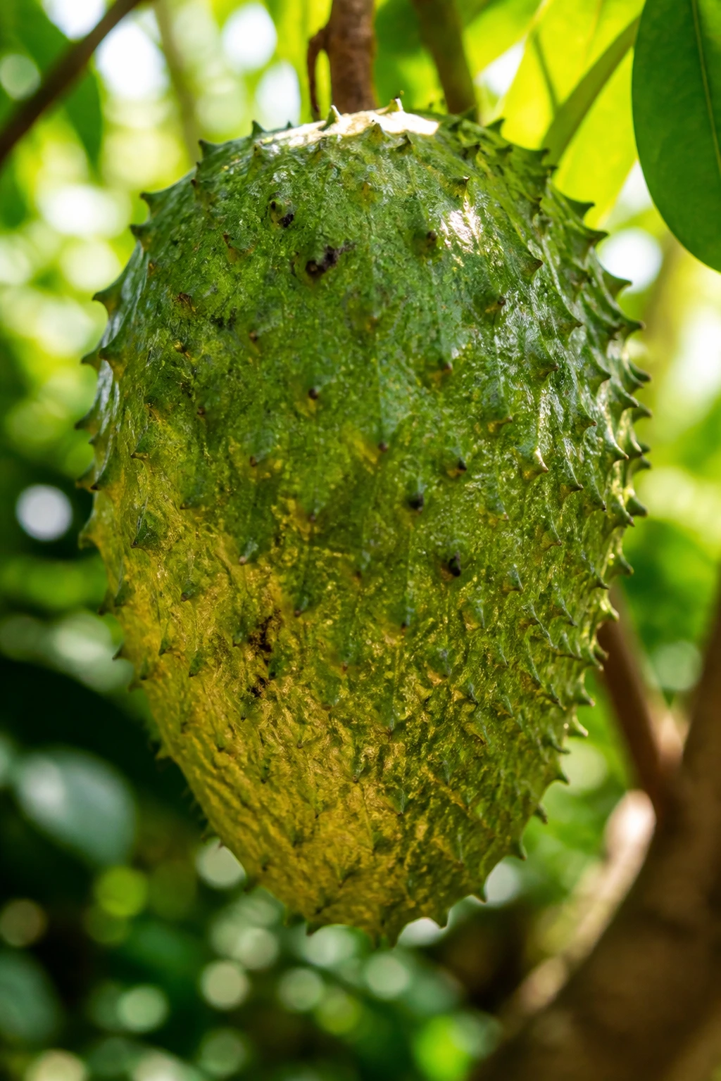 Close-up Guanábana fruit in a tropical garden