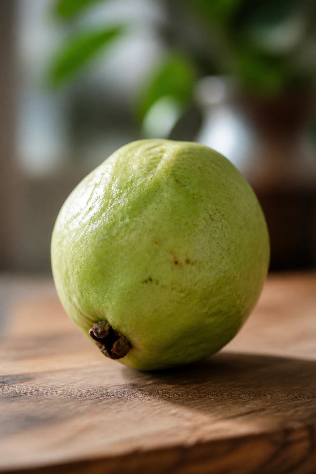 Guava on wooden countertop with soft natural light